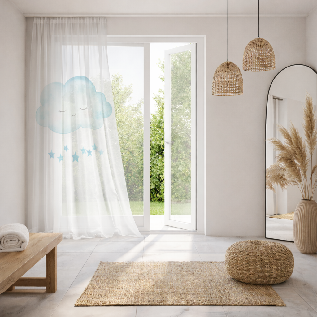 Watercolor Sleepy Cloud and Blue Stars Sheer Curtain