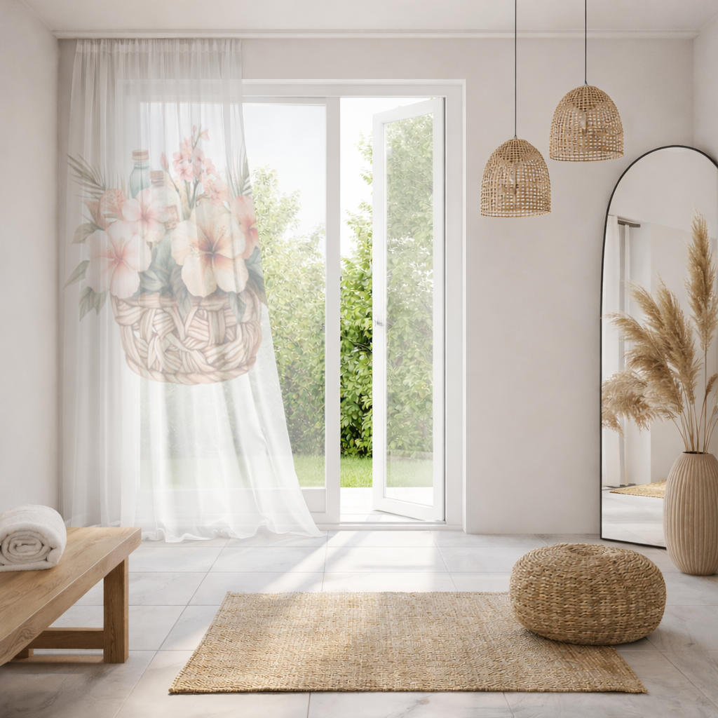 Tropical Hibiscus Flower Woven Basket Sheer Curtain