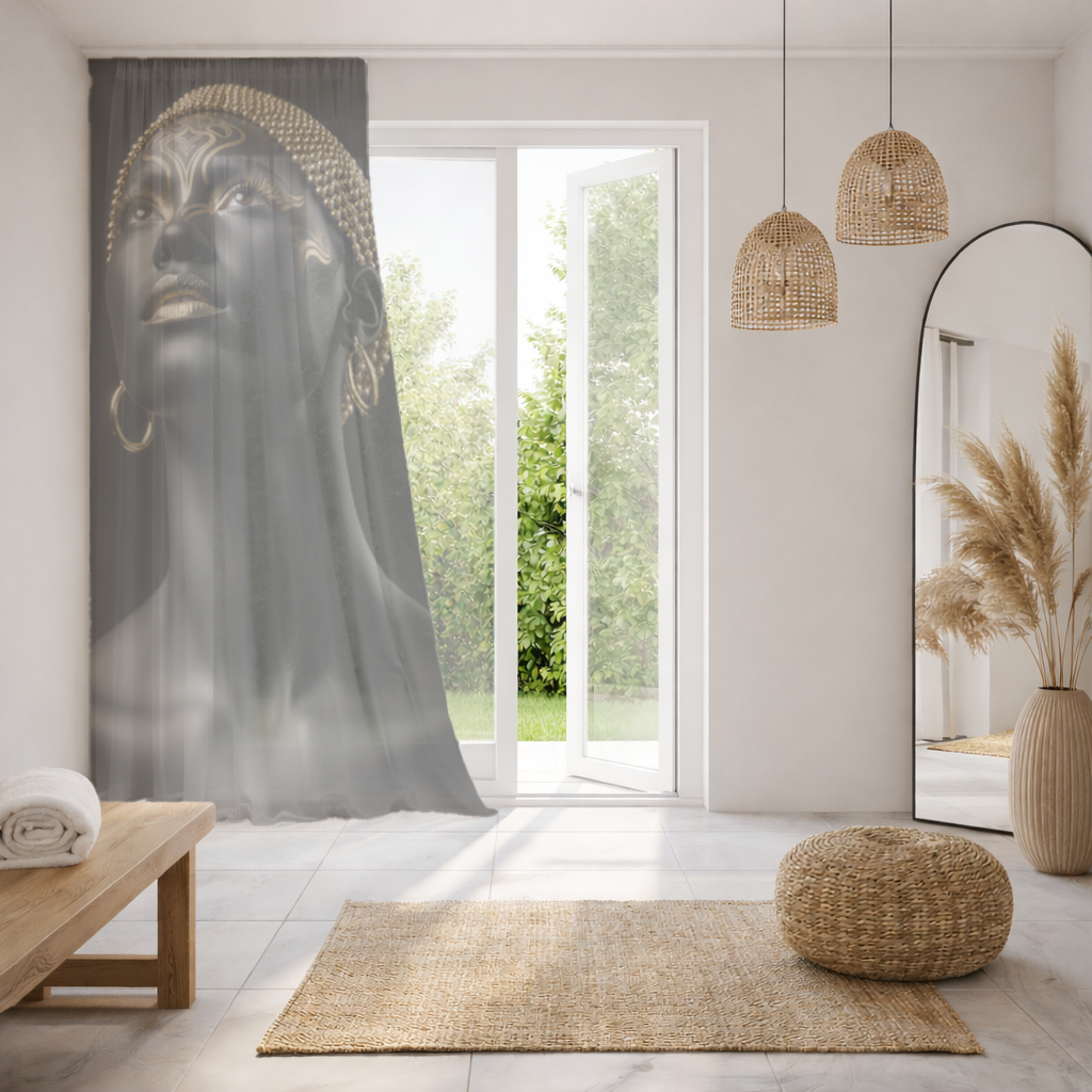 Gold Afrofuturistic Black Woman Sheer Curtain