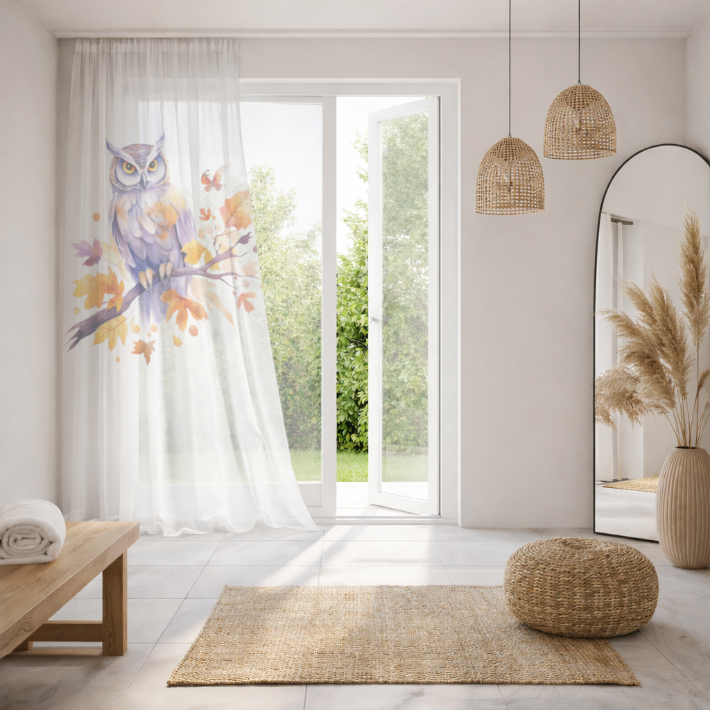 Whimsical Autumn Owl and Butterfly Sheer Curtain