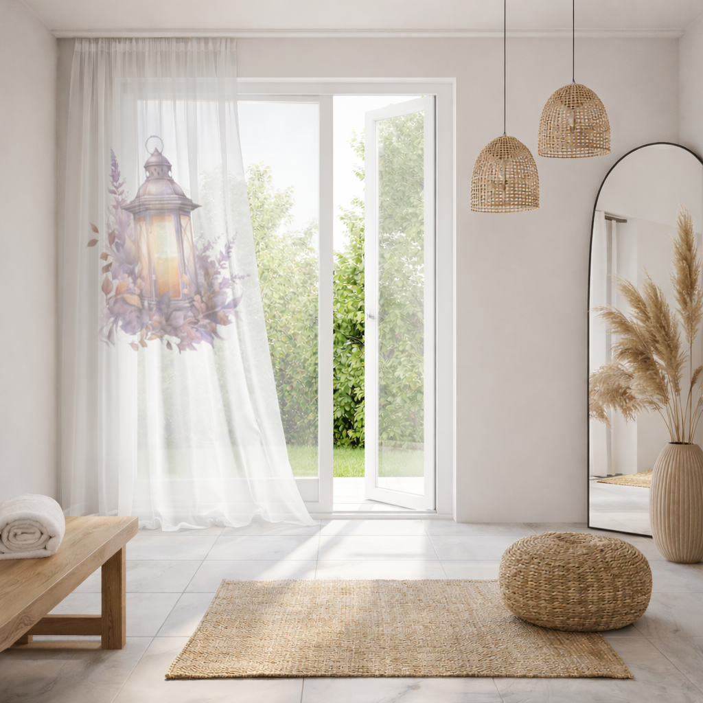 Cottagecore Lavender and Leaves Lantern Sheer Curtain
