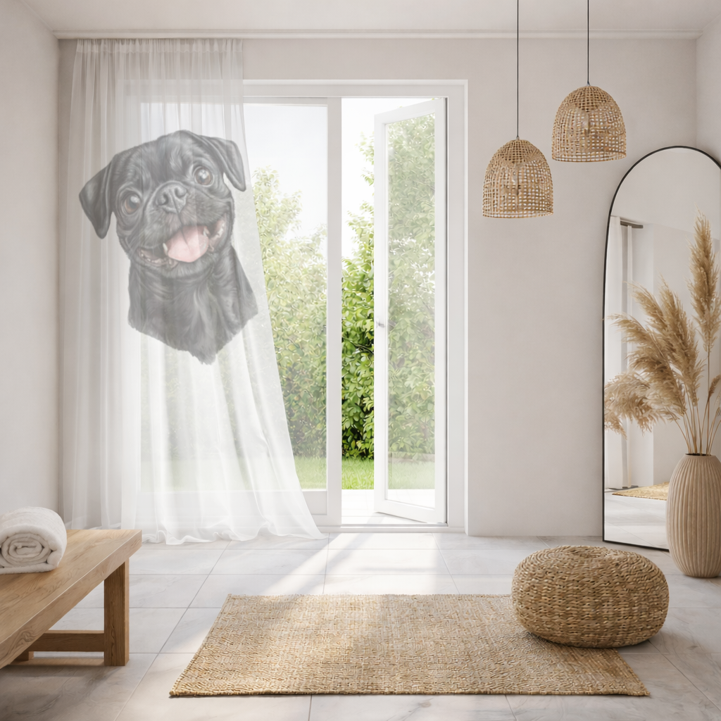 Gülümseyen Siyah Pug Köpek Tül Perde