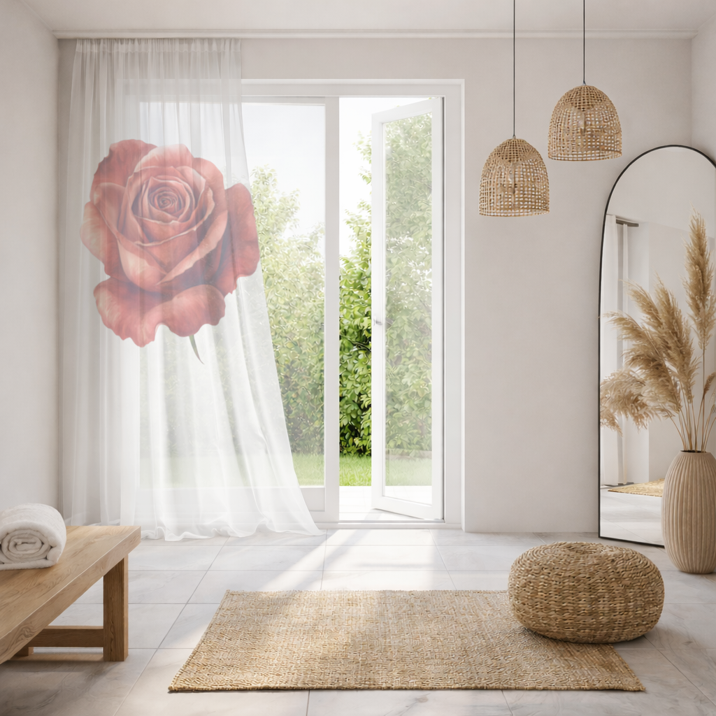 Crimson Red Rose Sheer Curtain