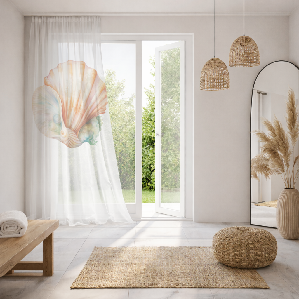 Iridescent Pearls in Orange Scallop Seashell Sheer Curtain