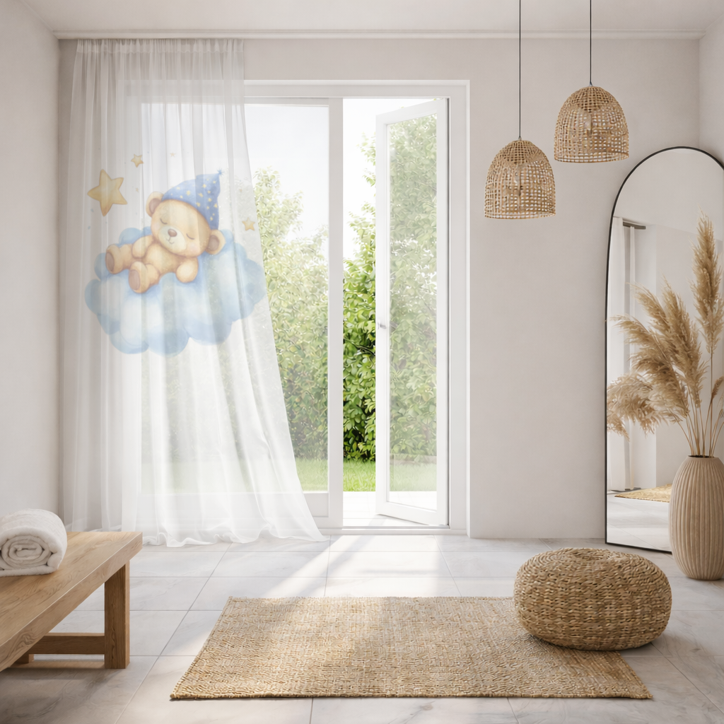 Sleeping Teddy Bear on a Cloud Sheer Curtain