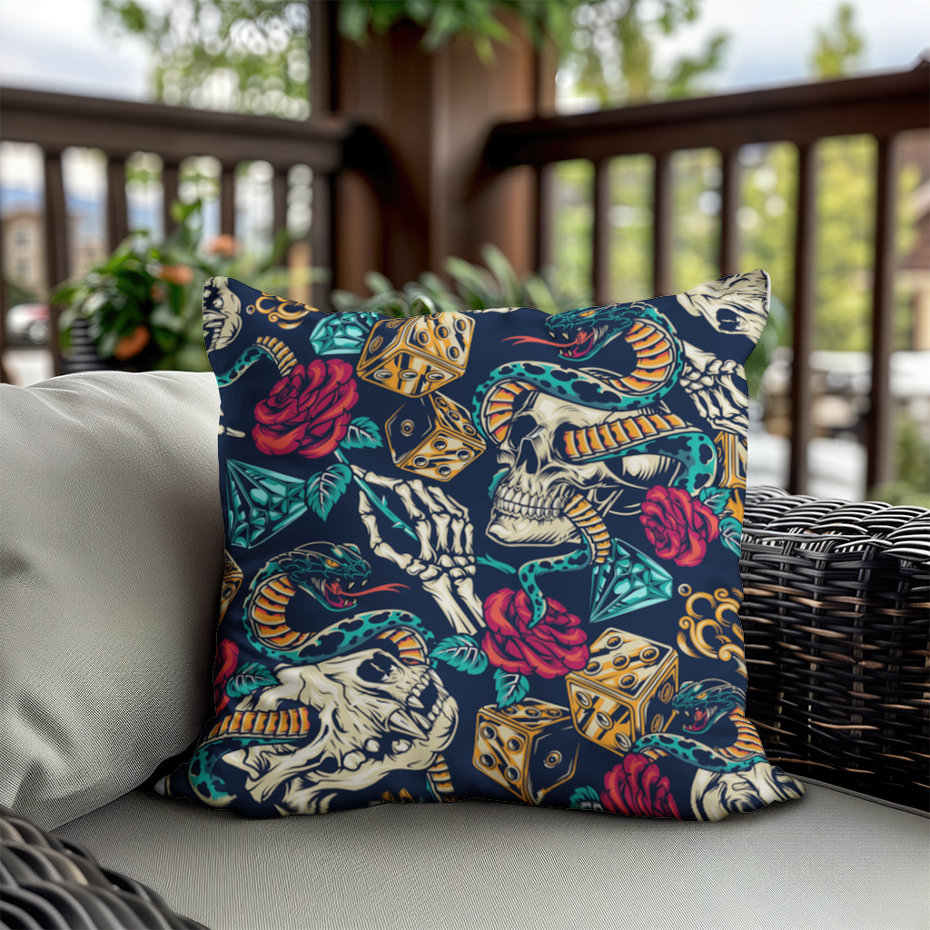 Skull Snake Dice and Roses Pattern Decorative pillow cover
