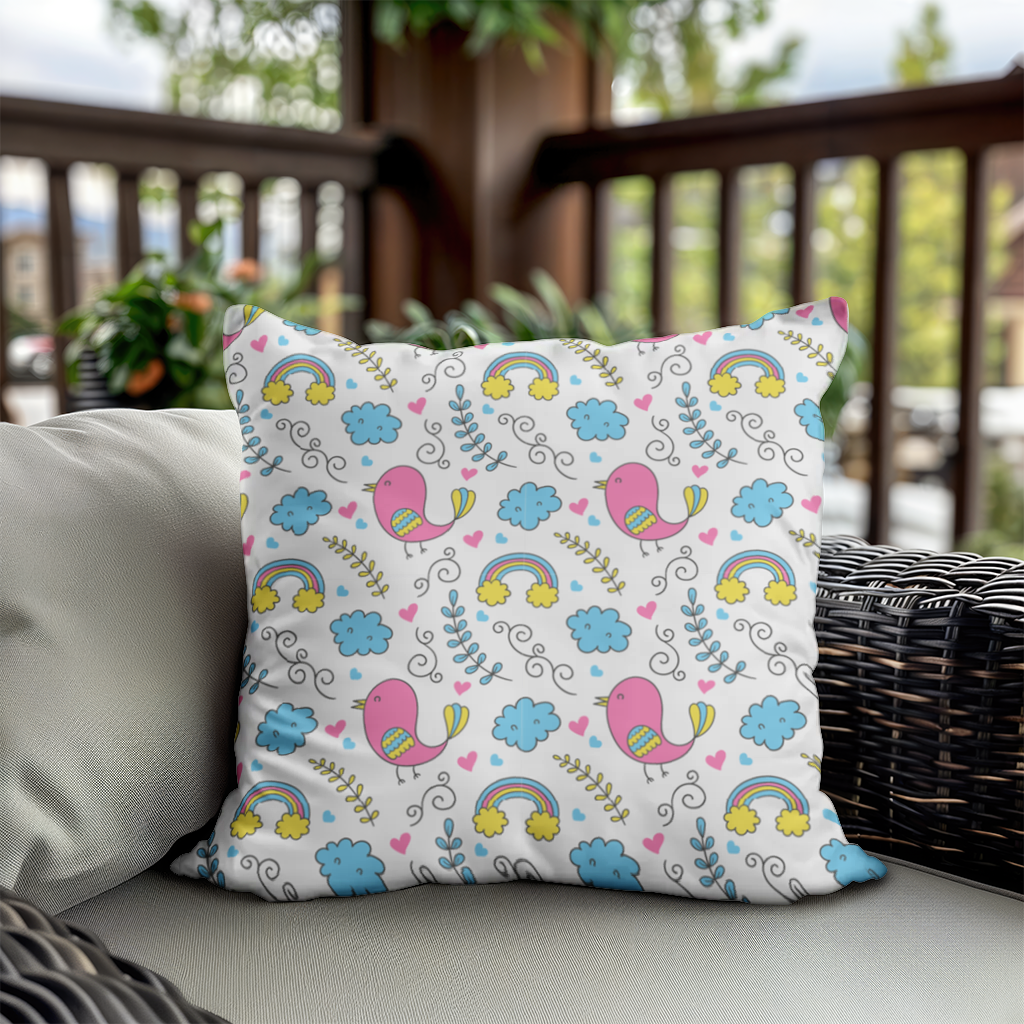Cute Pink Bird and Rainbow Kids Pattern Decorative pillow cover