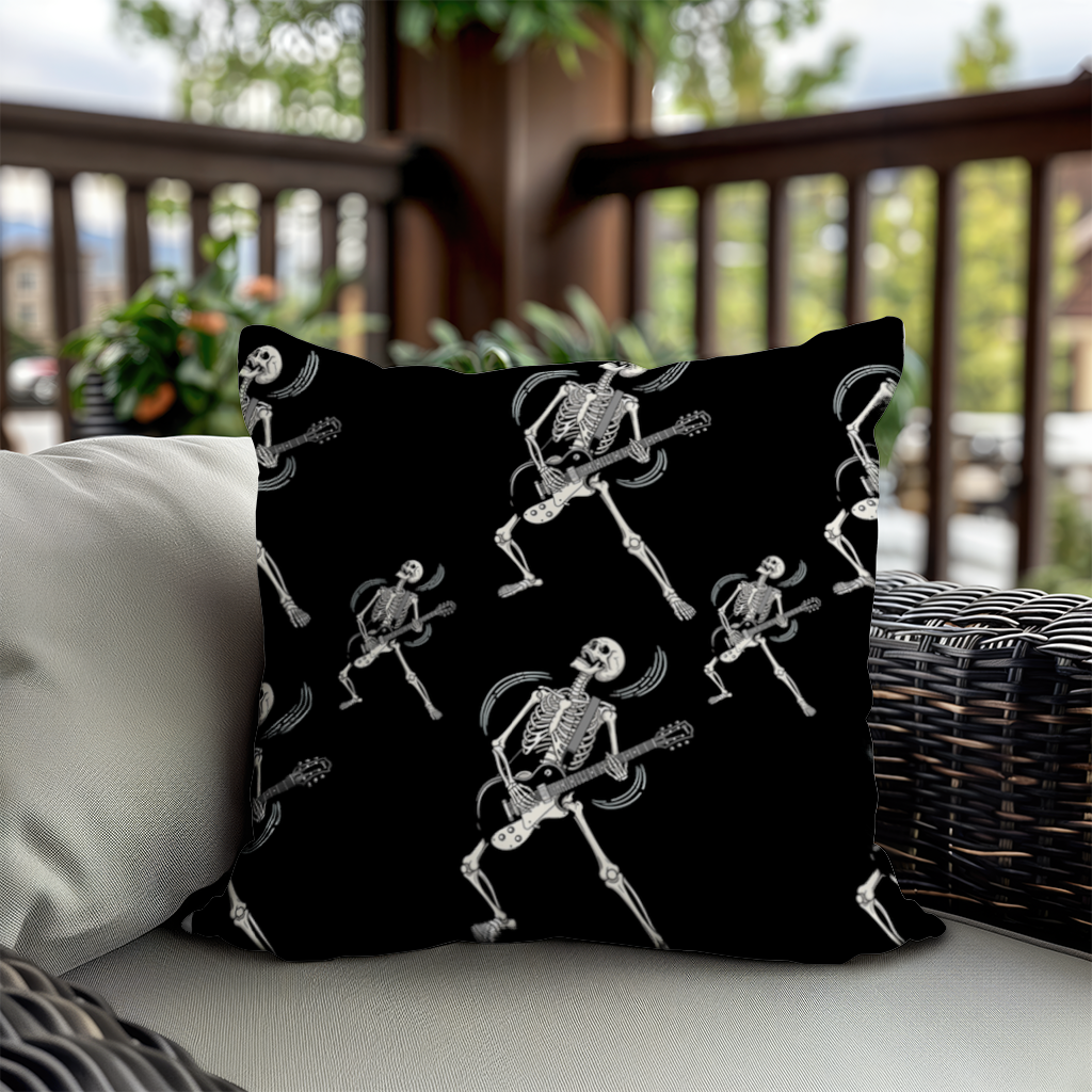 Rock Guitar Playing Skeleton Pattern on Black Decorative pillow cover