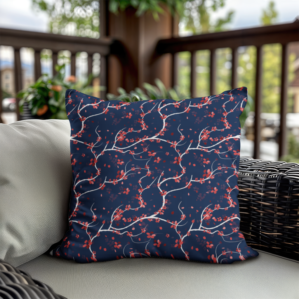 Red Floral Branch Pattern on Navy Background Decorative pillow cover