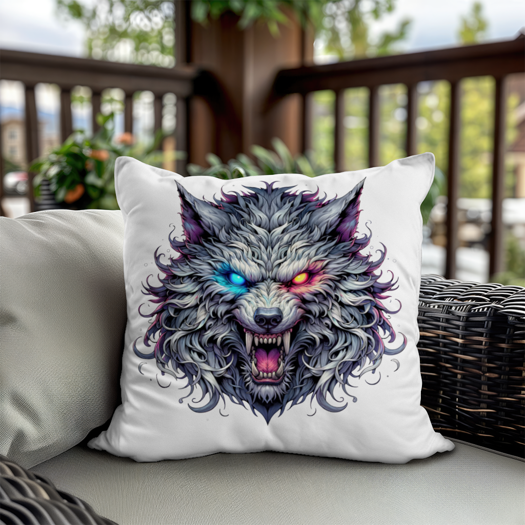 Fierce Wolf Head Illustration Heterochromia Eyes, Savage Wolf Decorative pillow cover