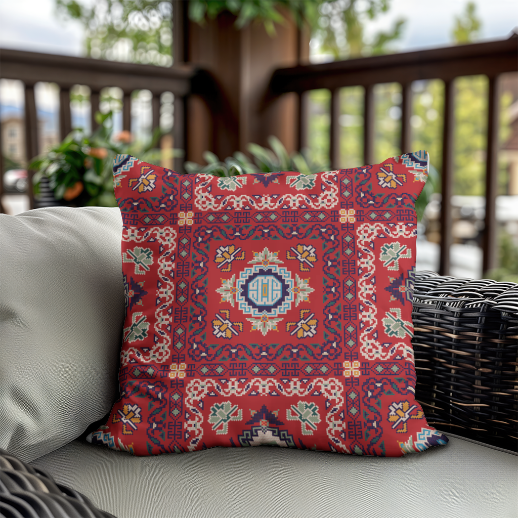 Geleneksel Kilim Motifli Kırmızı Etnik Geometrik Desen Dekoratif Kırlent Kılıfı