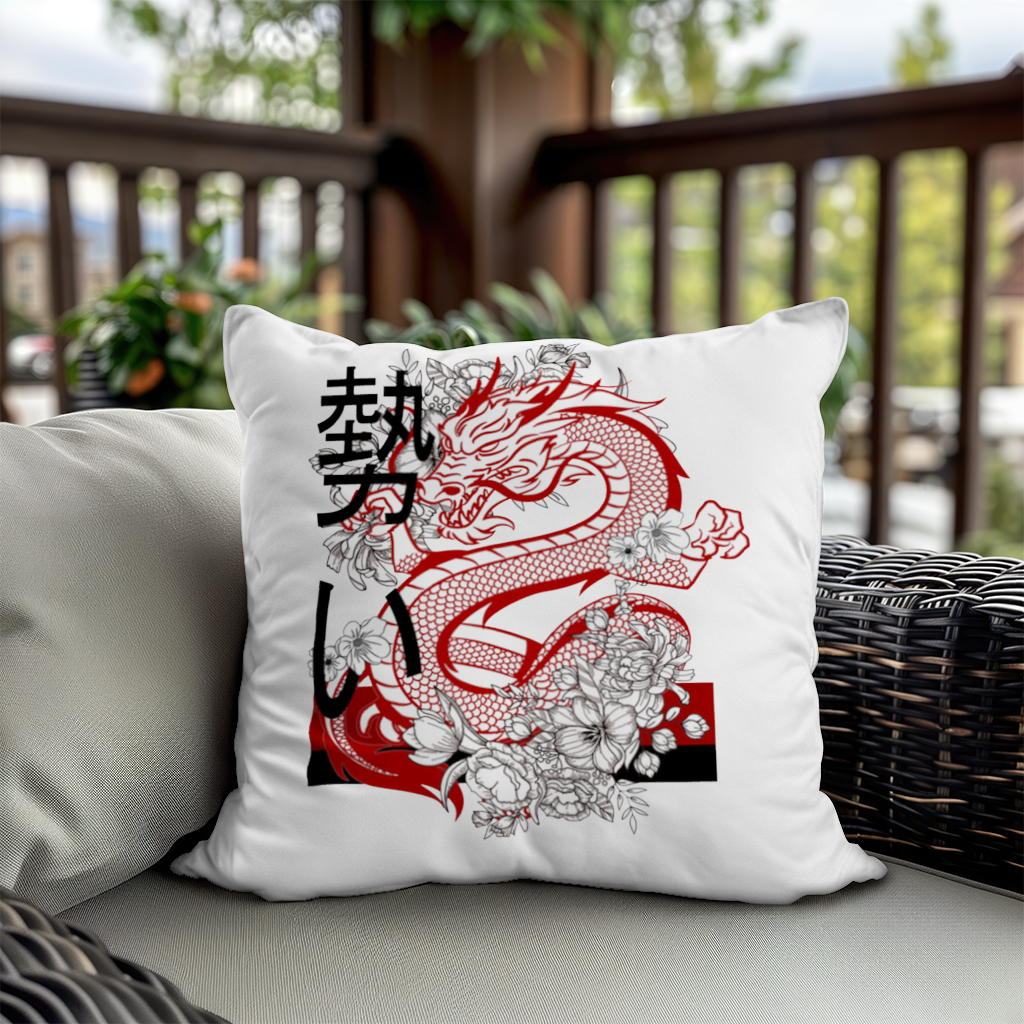 Japon Ejderhası ve Çiçek Deseni Dekoratif Kırlent Kılıfı