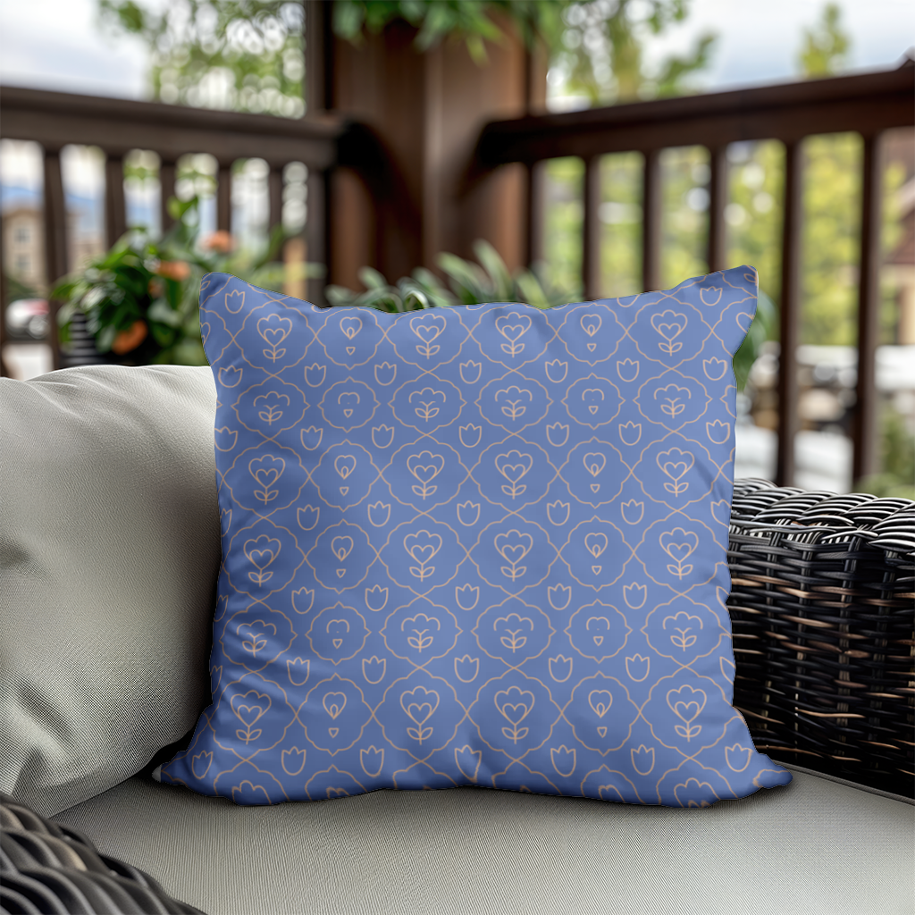 Orange Linear Floral Pattern on Blue Decorative pillow cover