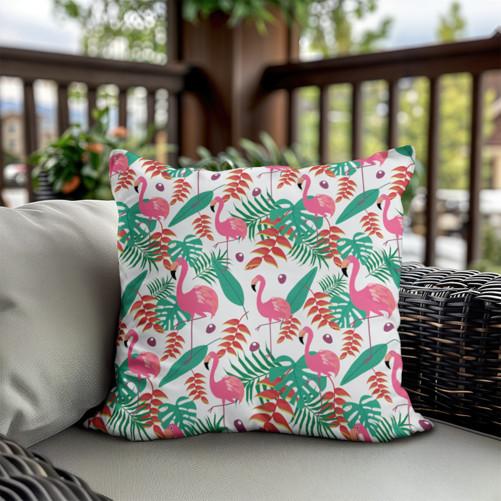Pembe Flamingo Tropikal Yapraklar Dekoratif Kırlent Kılıfı