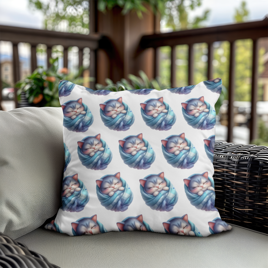 Kawaii Sleeping Kitten in Blue Swaddle Decorative pillow cover