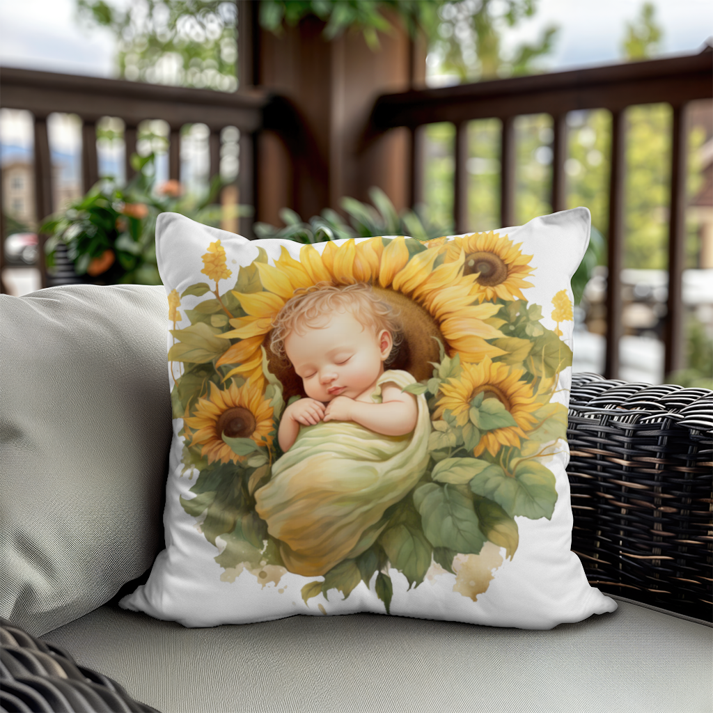 Ayçiçeği İçinde Uyuyan Bebek Dekoratif Kırlent Kılıfı