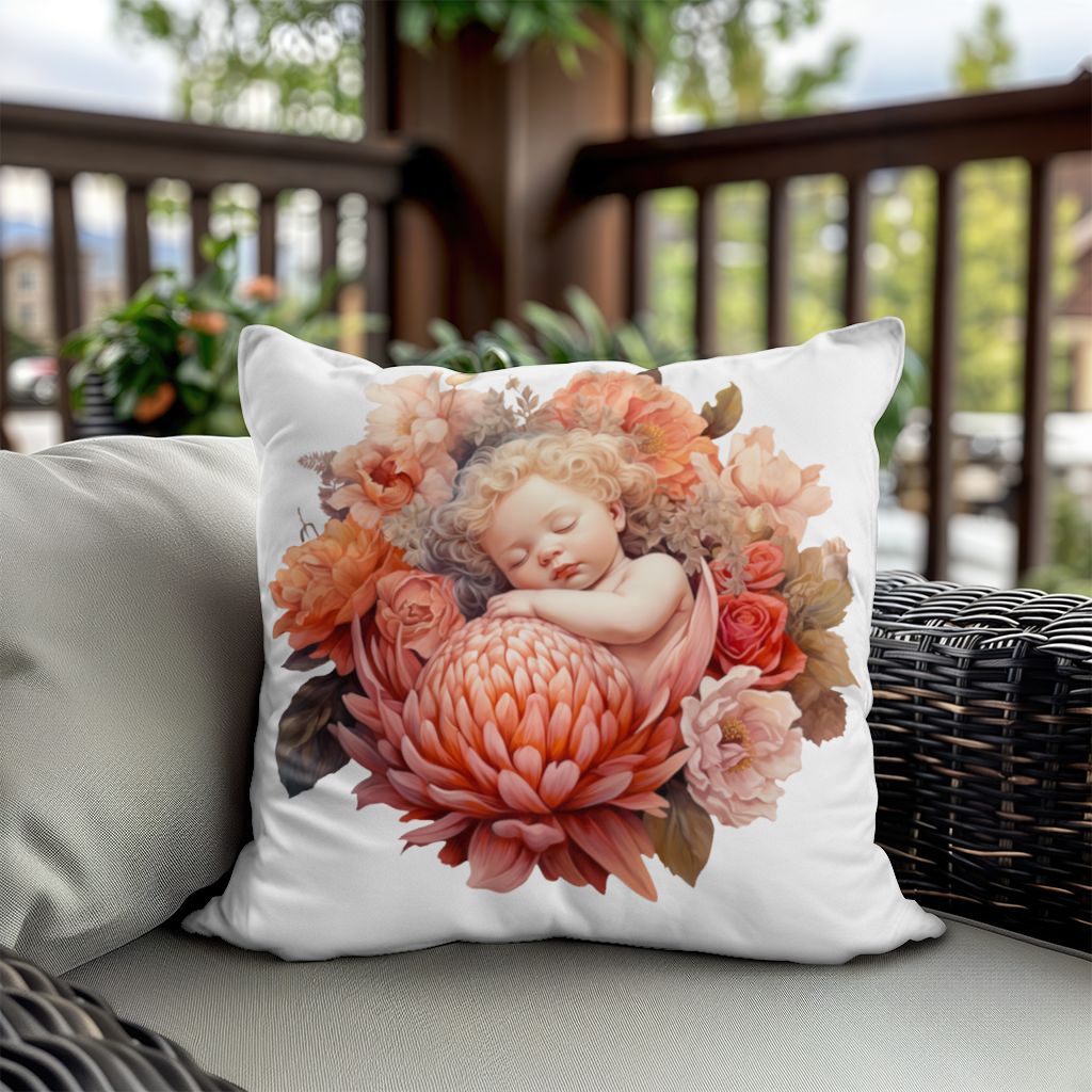 Çiçekler İçinde Uyuyan Masalsı Bebek Dekoratif Kırlent Kılıfı