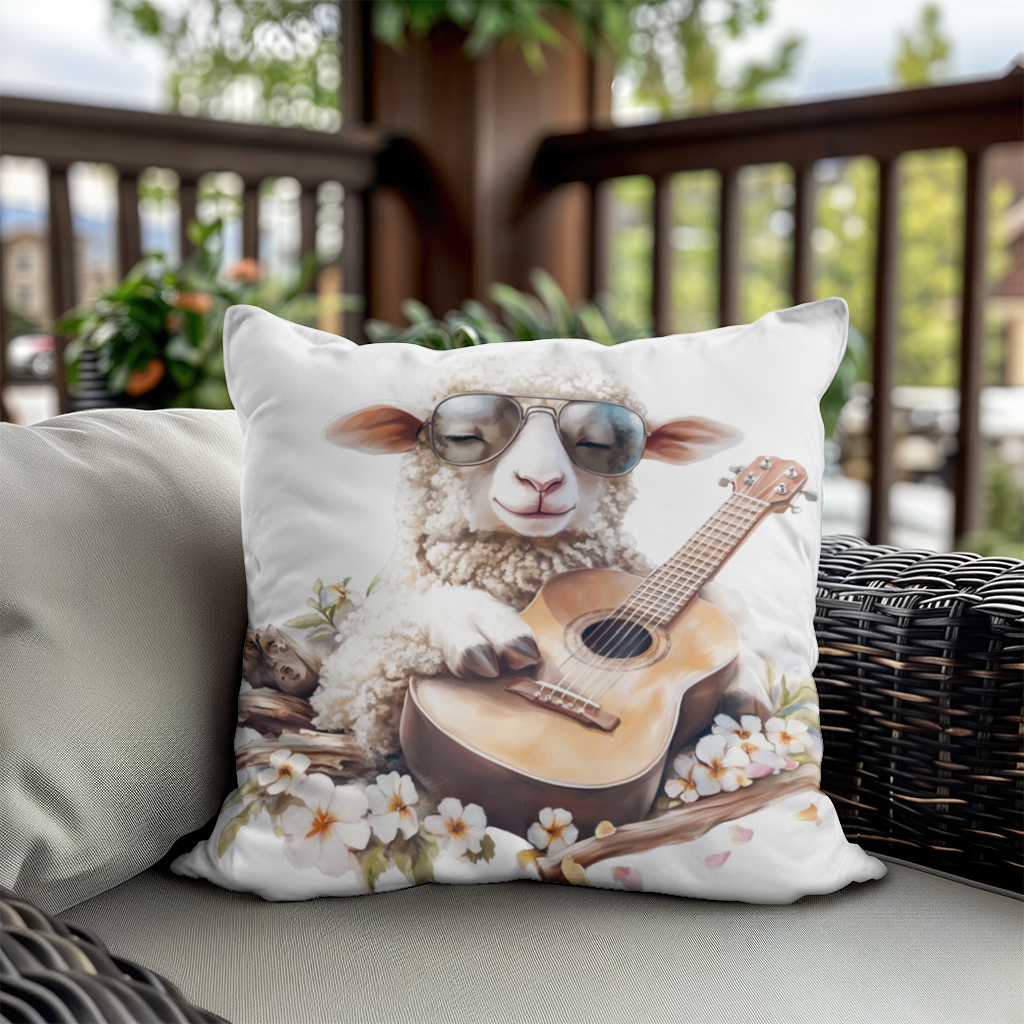 Ukulele Çalan Havalı Gözlüklü Koyun Dekoratif Kırlent Kılıfı