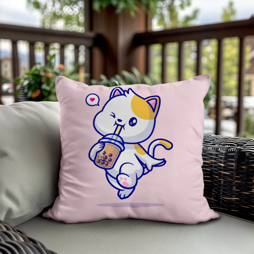 Kawaii Cat Drinking Boba Tea Decorative pillow cover