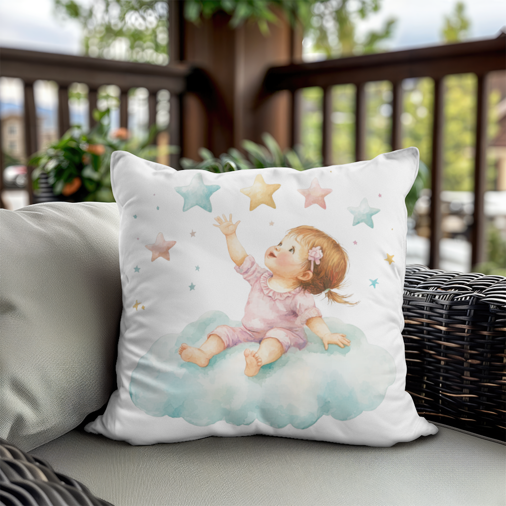 Baby Girl Reaching for Stars on a Cloud Decorative pillow cover