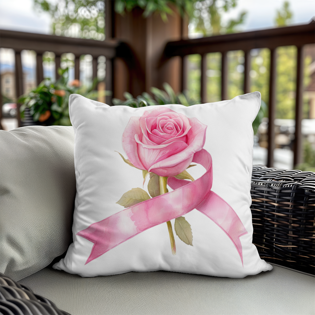 Pembe Kurdeleli Suluboya Gül Dekoratif Kırlent Kılıfı