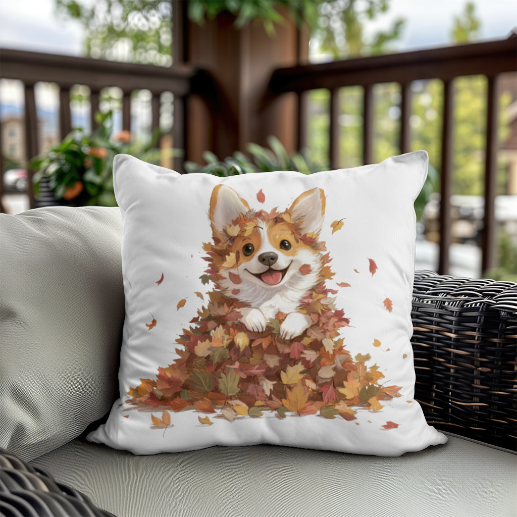 Happy Corgi Puppy in Fall Leaves Decorative pillow cover