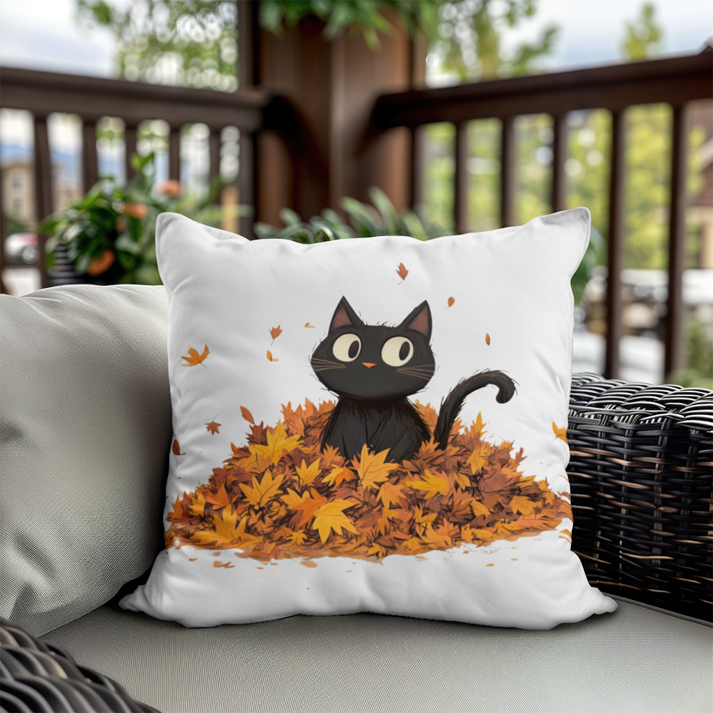 Cute Black Cat in Autumn Leaves Decorative pillow cover