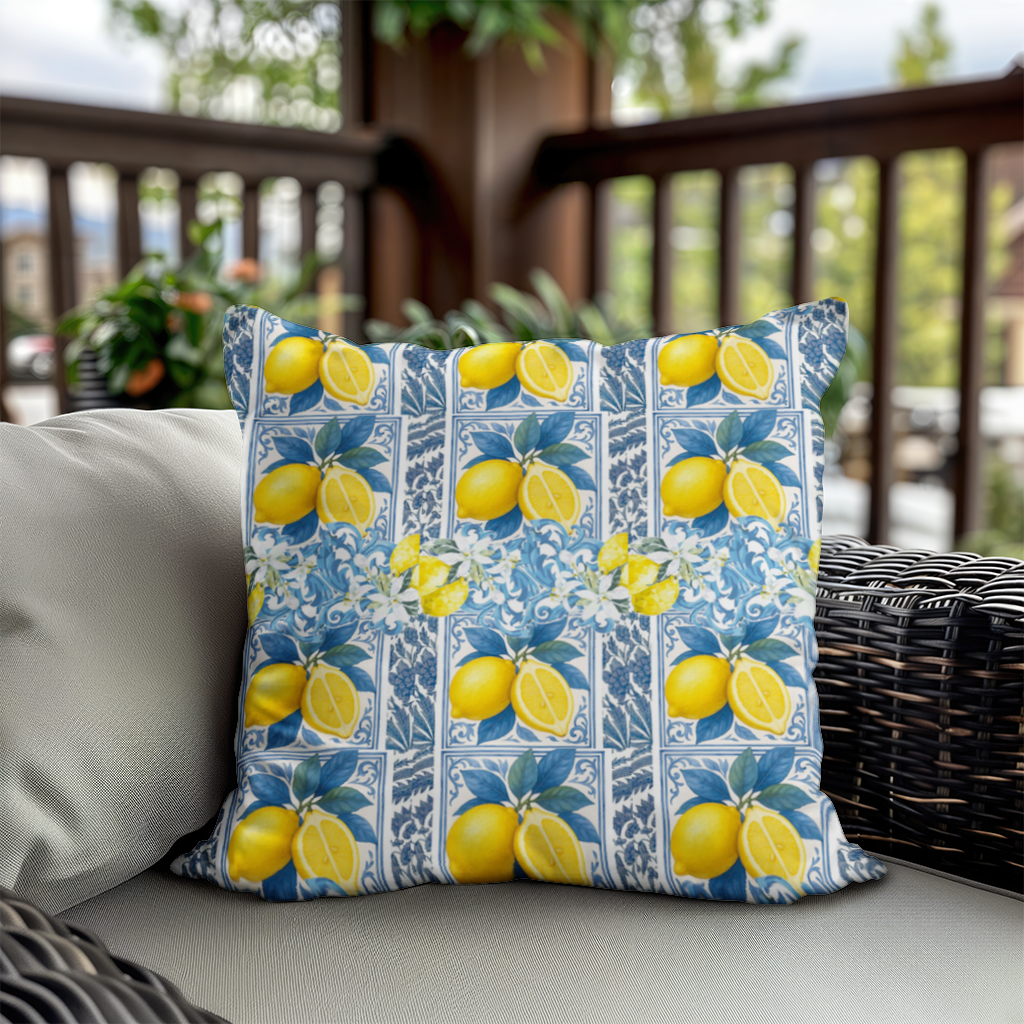 Mediterranean Lemon and Blue Azulejo Tile Pattern Decorative pillow cover