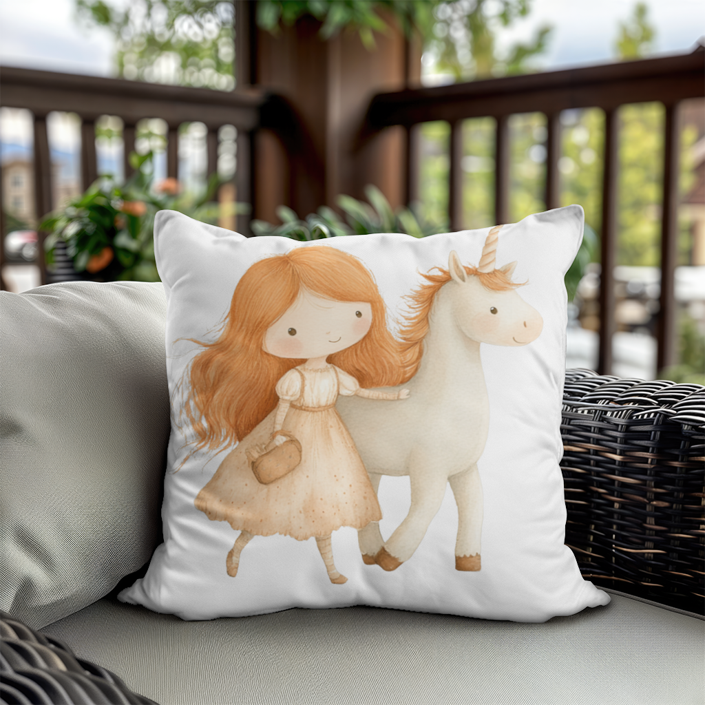 Ginger Girl with Whimsical White Unicorn Decorative pillow cover