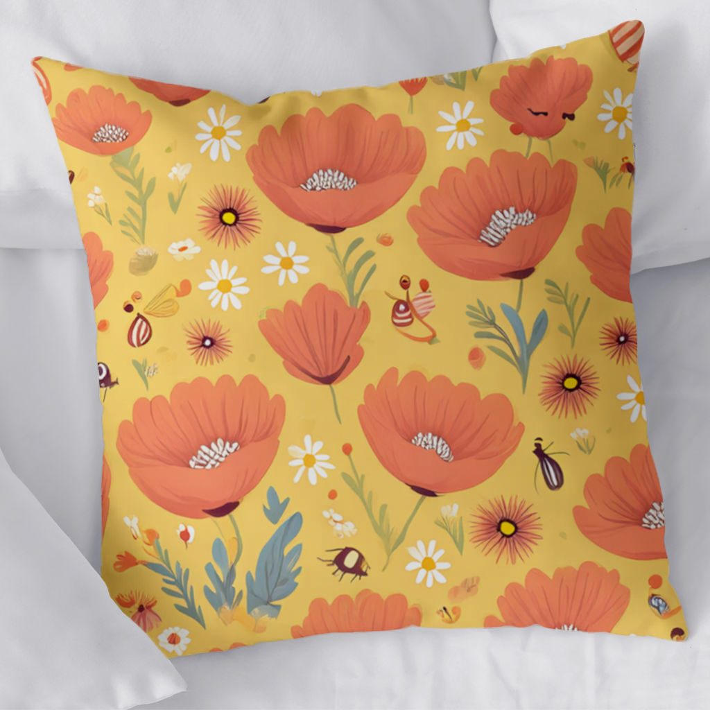 Çiçek ve Böcek Deseni Renkli Pattern Dekoratif Kırlent Kılıfı