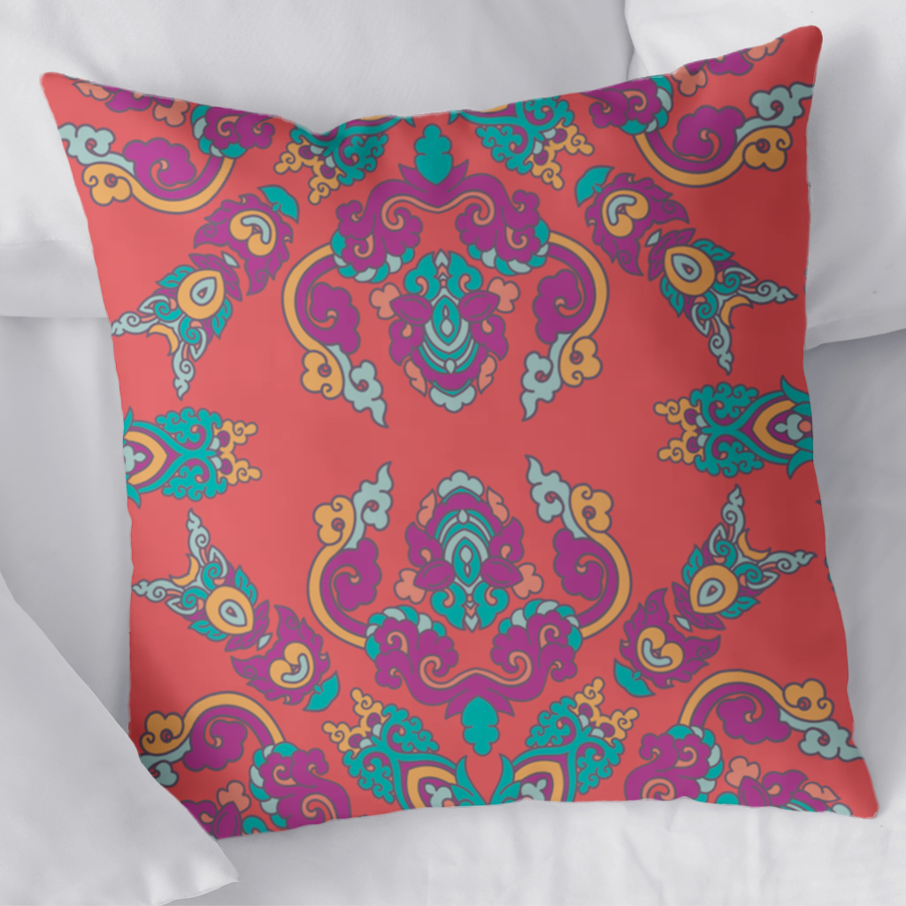 Canlı Kırmızı Zeminli Oryantal Mandala Deseni Dekoratif Kırlent Kılıfı