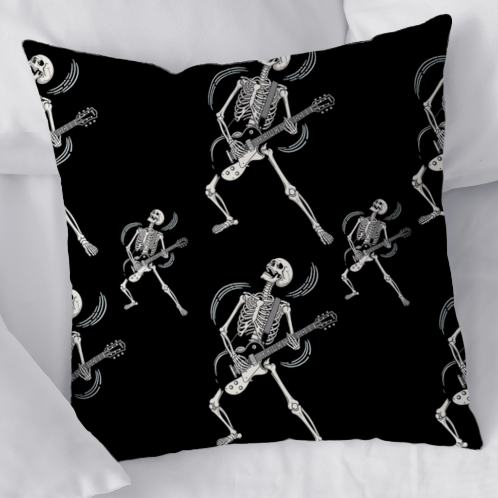 Rock Guitar Playing Skeleton Pattern on Black Decorative pillow cover