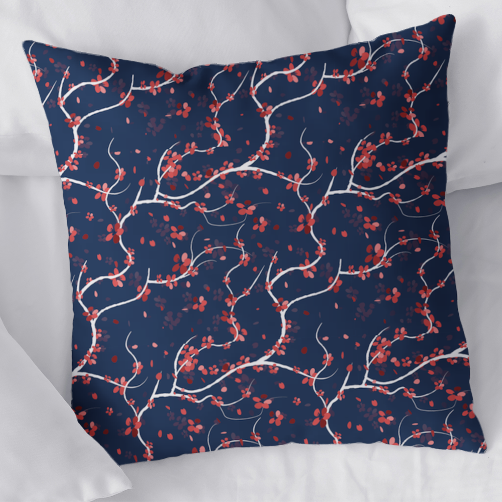 Red Floral Branch Pattern on Navy Background Decorative pillow cover