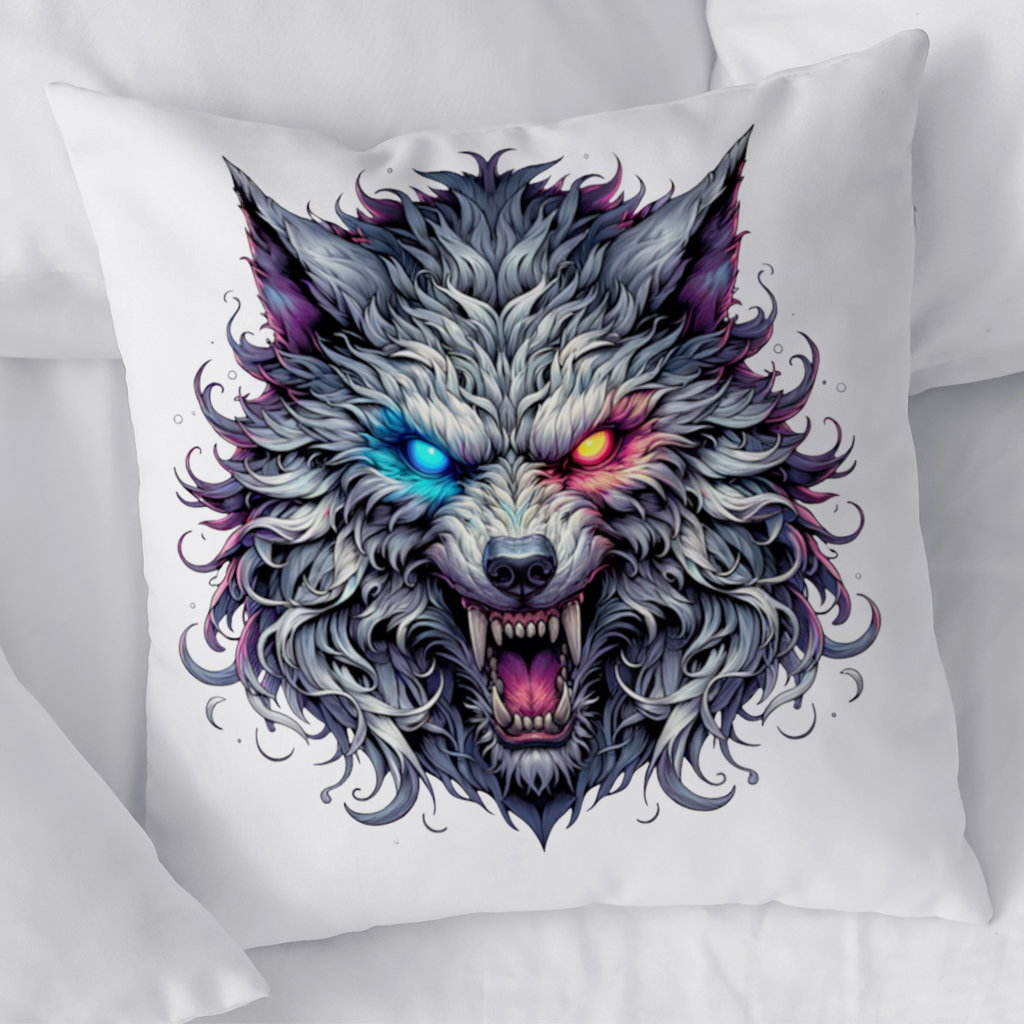 Fierce Wolf Head Illustration Heterochromia Eyes, Savage Wolf Decorative pillow cover