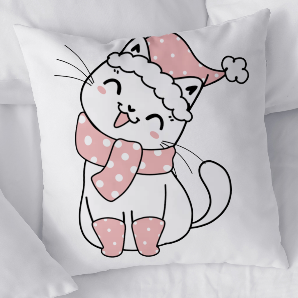 Cute Christmas Cat with Pink Polka Dot Outfit Decorative pillow cover