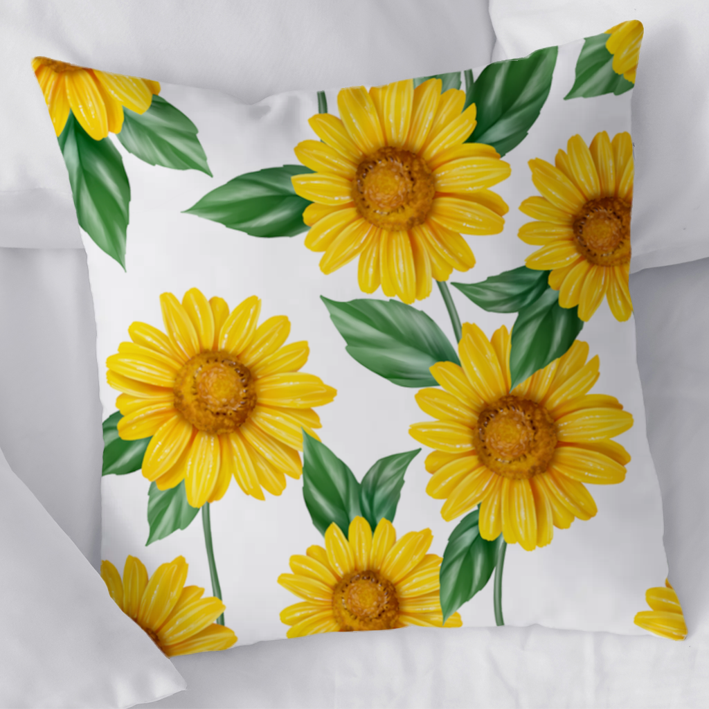Vibrant Yellow Sunflower and Green Leaf Pattern Illustration Decorative pillow cover