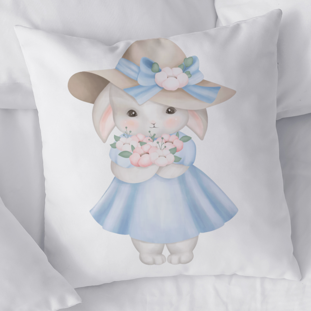 Cute Bunny with Hat Holding Flowers Decorative pillow cover