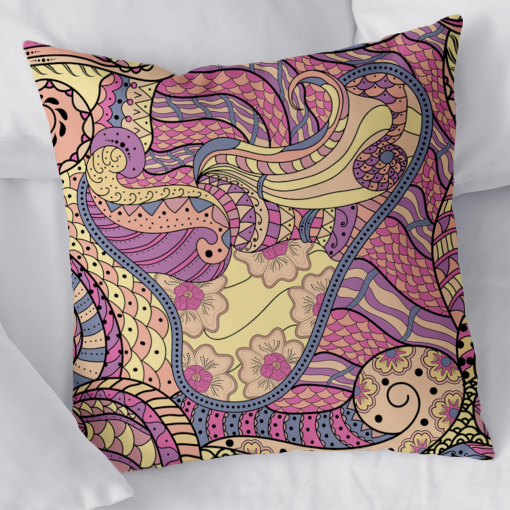 Psychedelic Zentangle Çiçek Dekoratif Kırlent Kılıfı