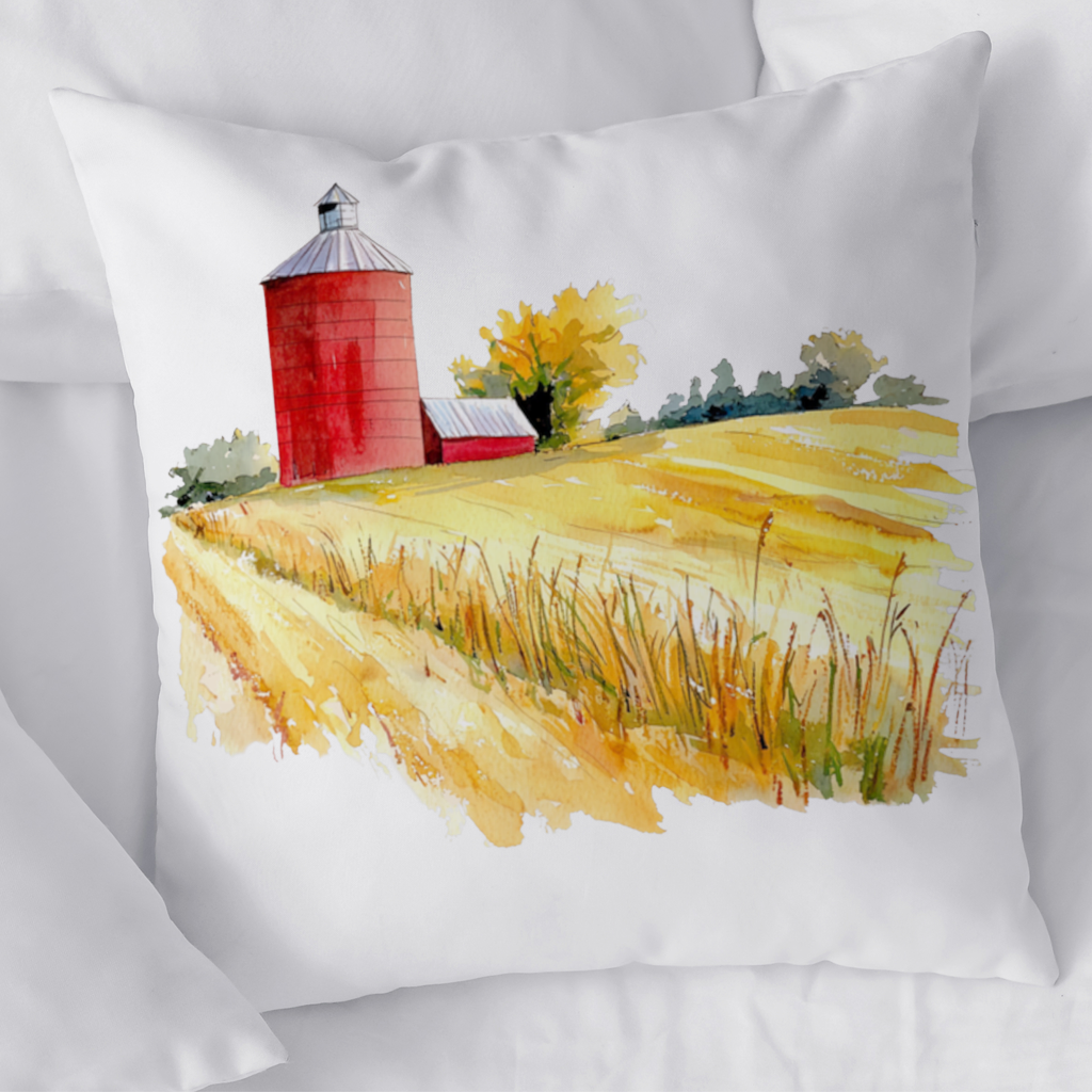 Red Farm Silo and Golden Wheat Field Decorative pillow cover