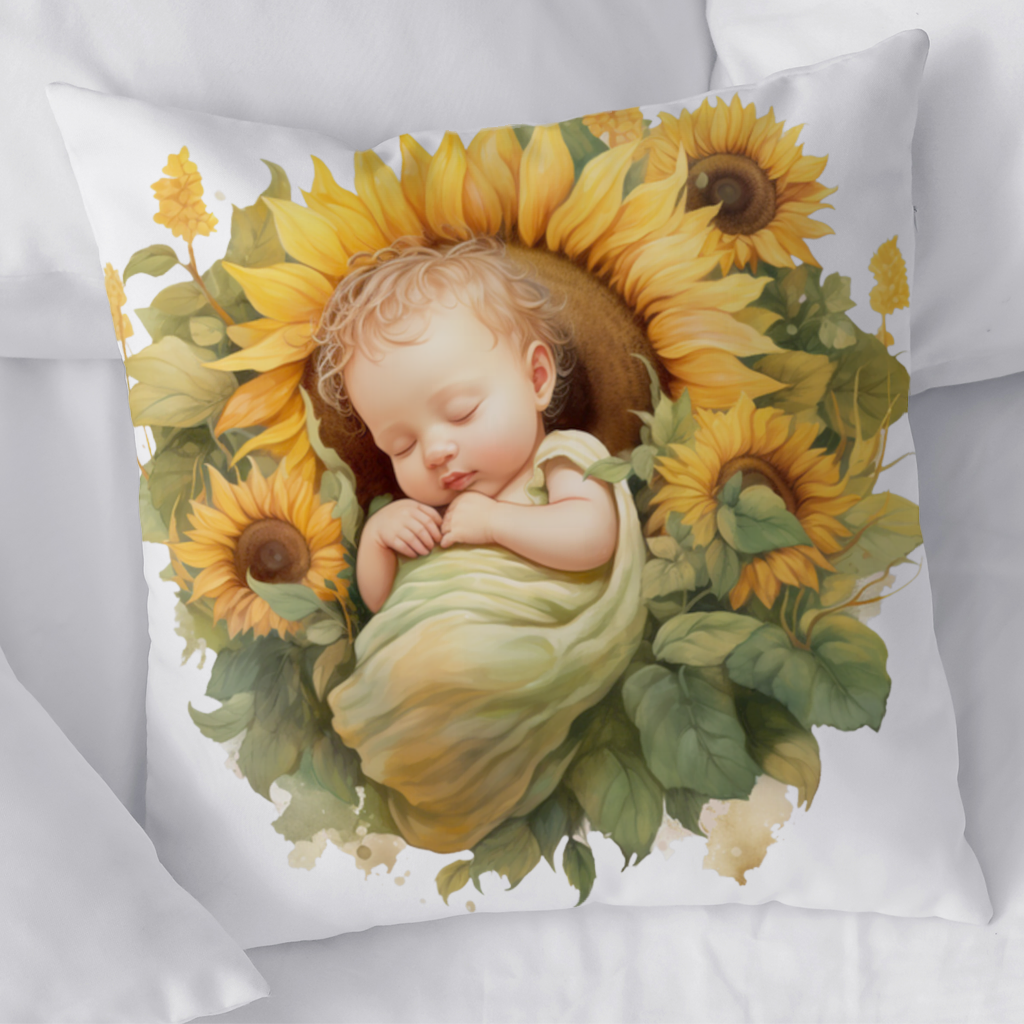 Ayçiçeği İçinde Uyuyan Bebek Dekoratif Kırlent Kılıfı
