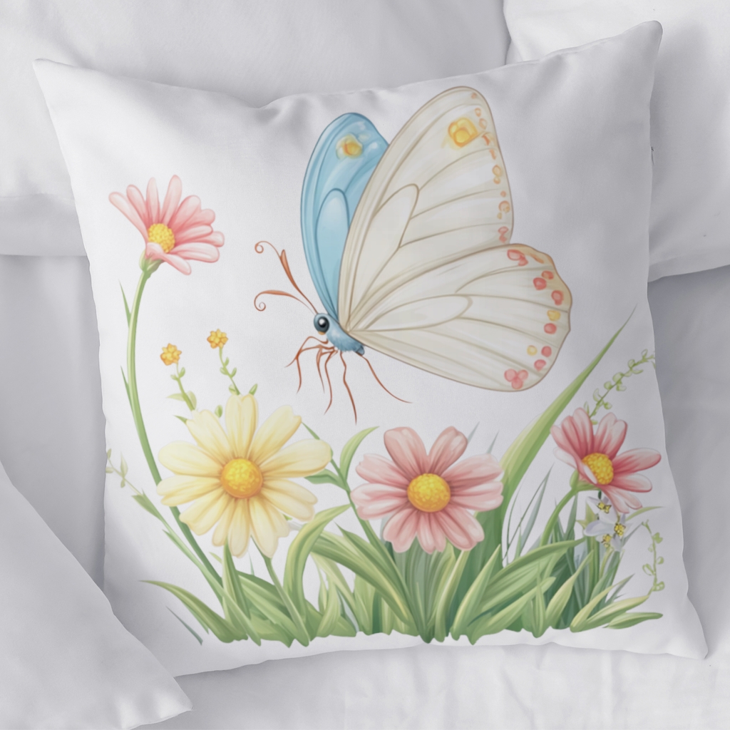 Whimsical Pastel Butterfly and Wildflowers Decorative pillow cover