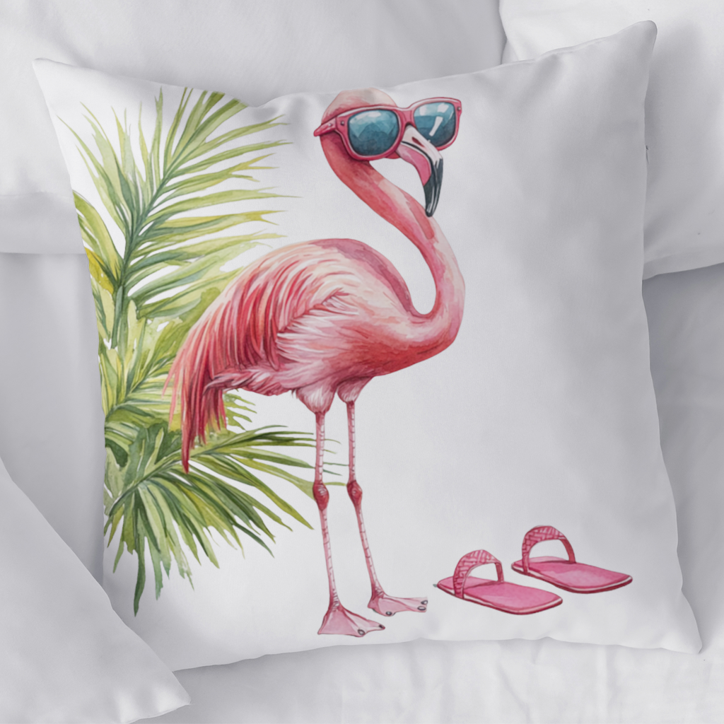 Güneş Gözlüklü Pembe Flamingo Dekoratif Kırlent Kılıfı