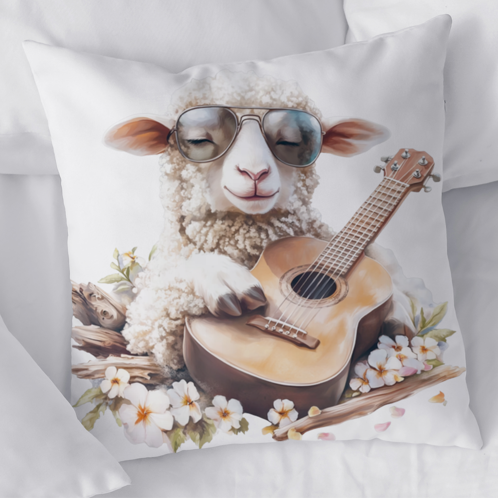 Cool Sheep Playing Ukulele with Flowers Decorative pillow cover