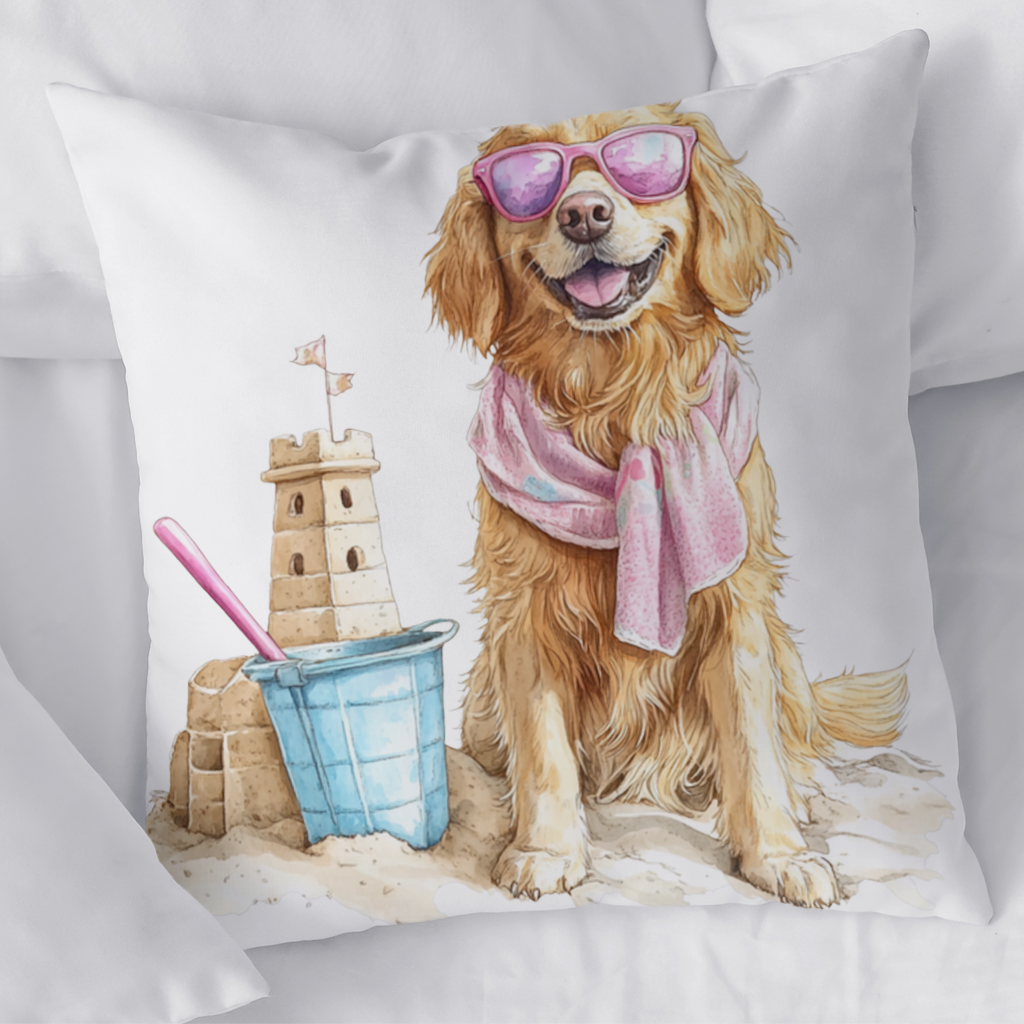 Beach Golden Retriever Pink Sunglasses Decorative pillow cover