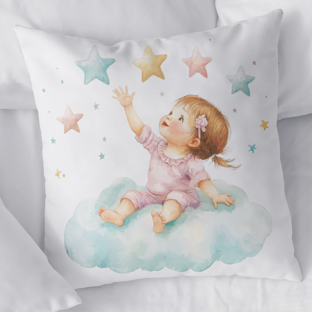 Baby Girl Reaching for Stars on a Cloud Decorative pillow cover