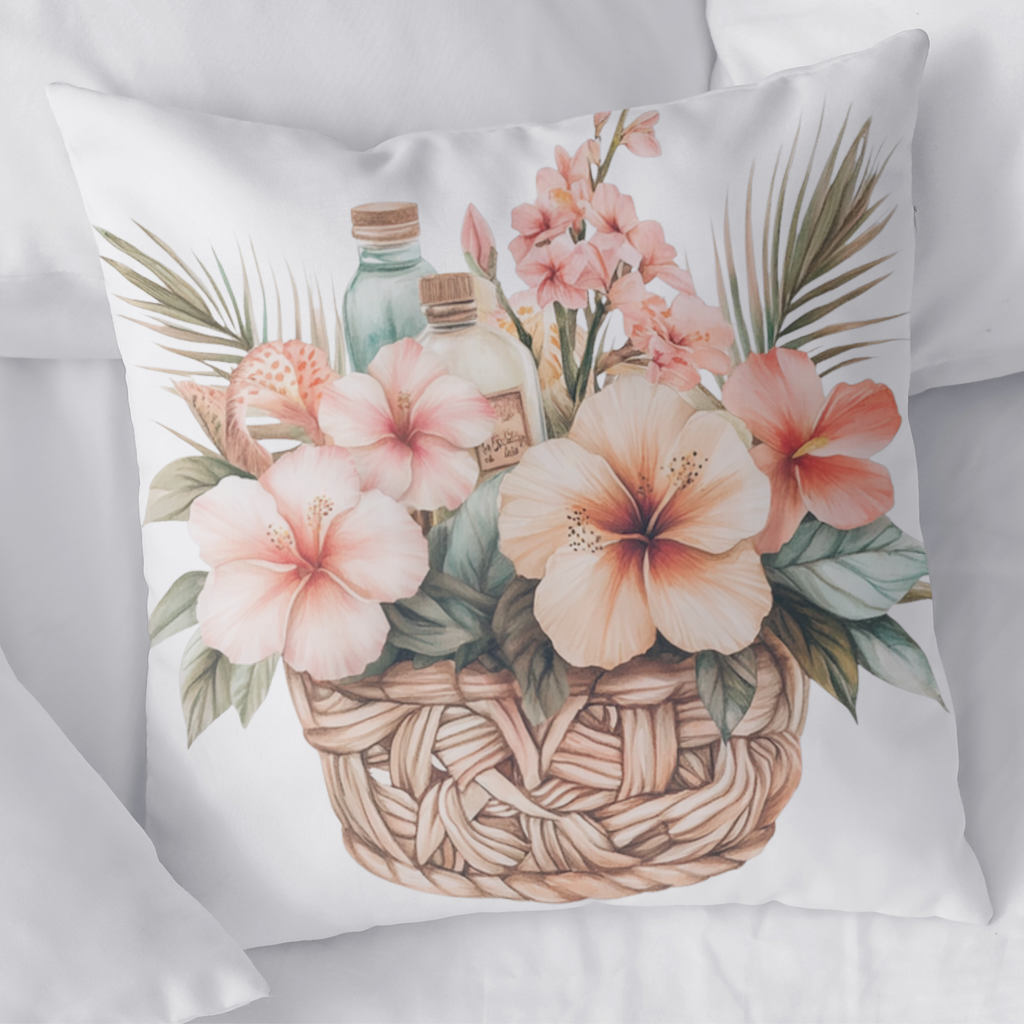 Tropical Hibiscus Flower Woven Basket Decorative pillow cover