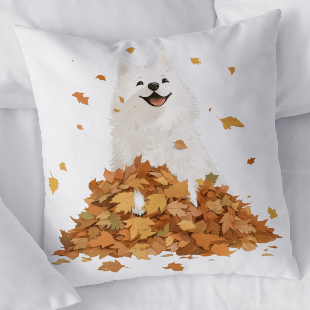 Happy White Dog in Autumn Leaves Decorative pillow cover