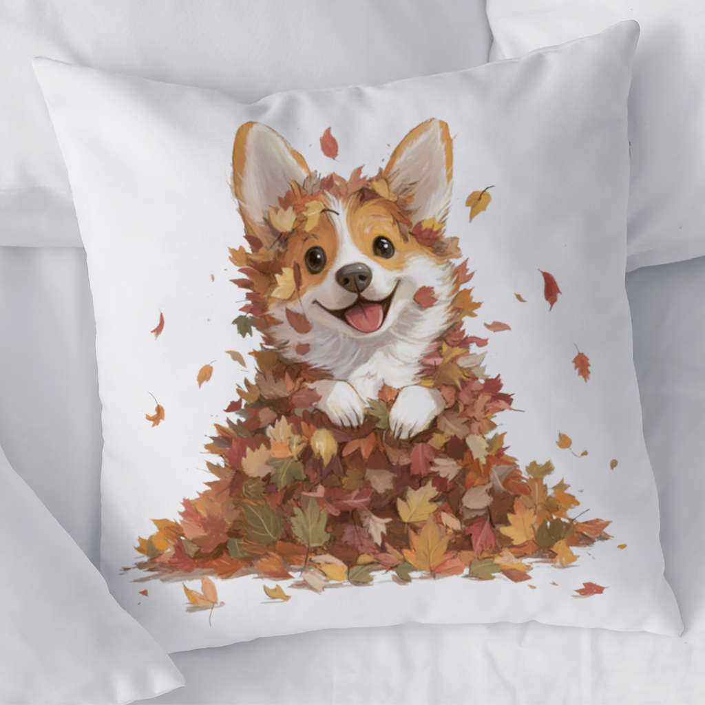 Sonbahar Yaprakları İçinde Mutlu Corgi Dekoratif Kırlent Kılıfı