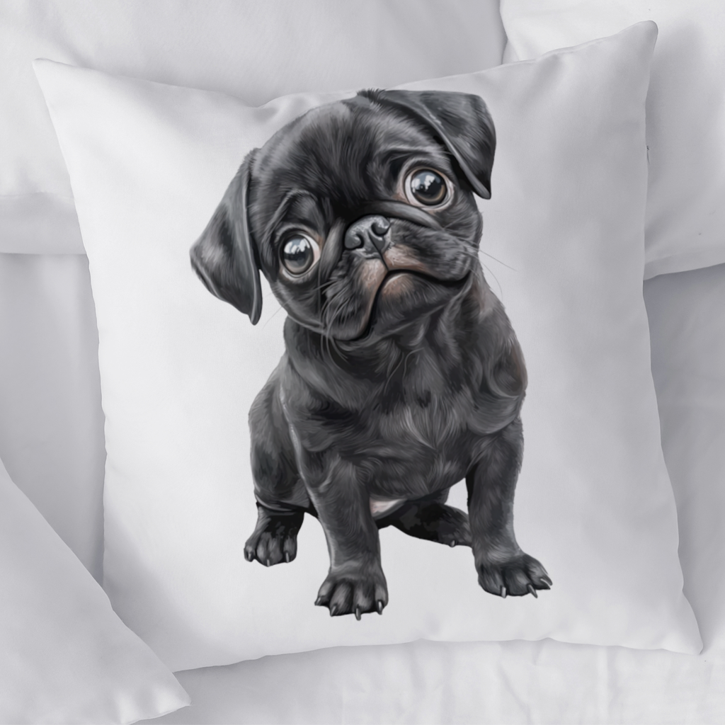 Masum Bakışlı Siyah Pug Yavrusu Dekoratif Kırlent Kılıfı