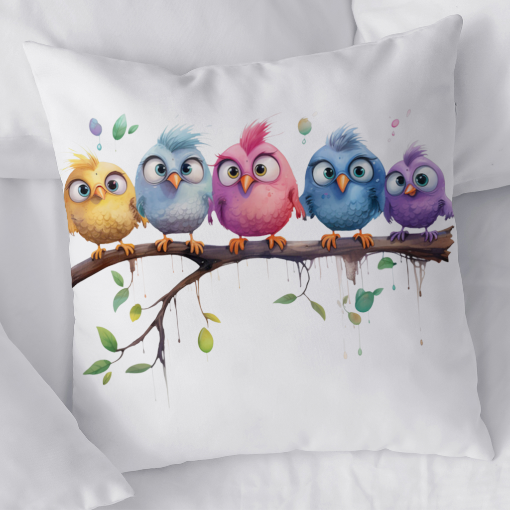 Five Colorful Kawaii Birds on Branch Decorative pillow cover